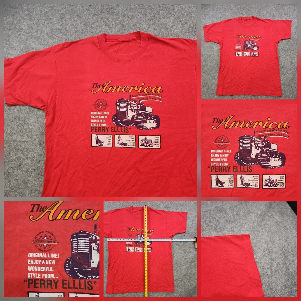 VTG Perry Ellis T Shirt Mens XL? Red America Tractor Graphic 90s‎ Single Stitch